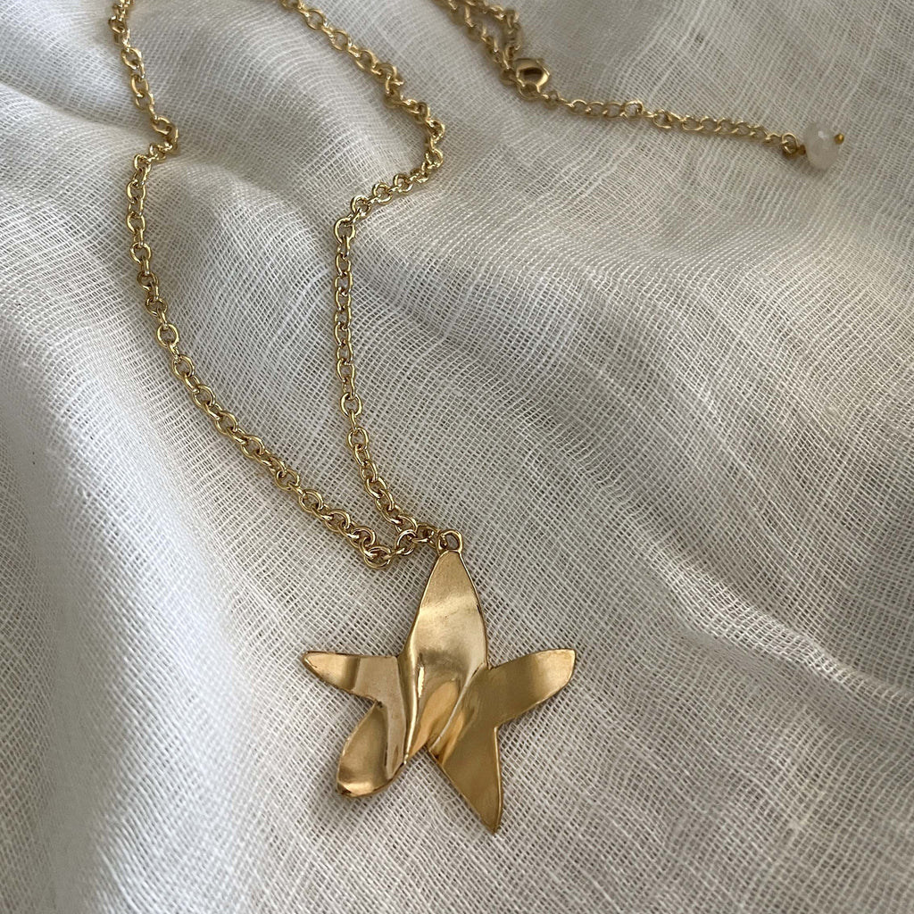 collana lunga stella stropicciata, in oro e argento, bijoux, cacao jewels